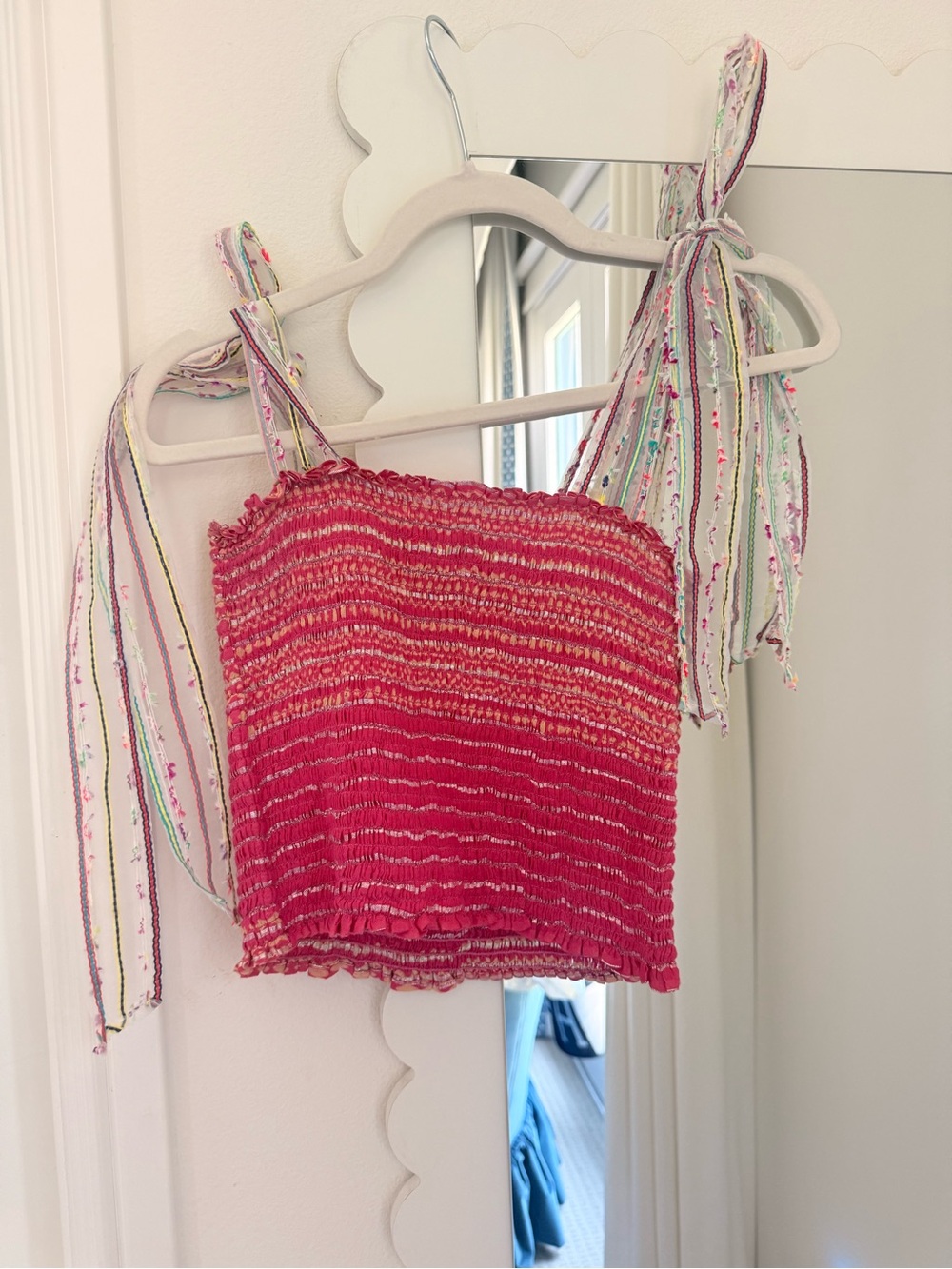 Tie-Shoulder Smocked Crop Camisole in Pink